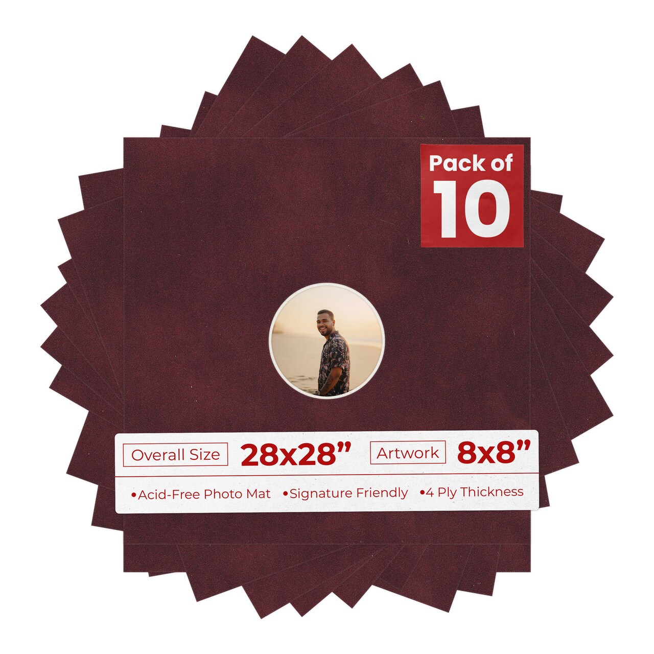 Dark Red Suede Mat Board for 28x28 Frames - Circle Opening for 8x8 Photos